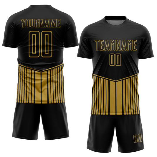 Custom Black Old Gold Stripe Line Sublimation Soccer Uniform Jersey