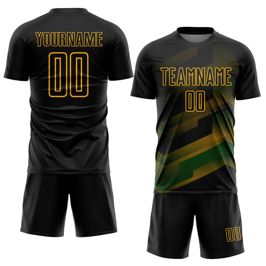 Custom Black Gold Gradient Arrow Geometric Shapes Sublimation Soccer Uniform Jersey