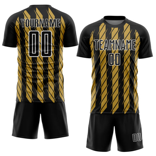 Custom Black Old Gold-White Stripe Line Sublimation Soccer Uniform Jersey