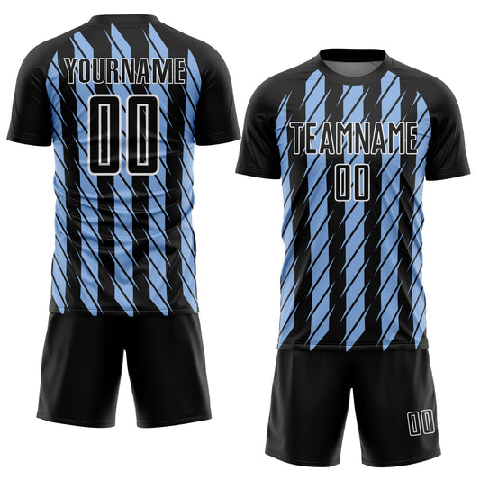 Custom Black Light Blue-White Stripe Line Sublimation Soccer Uniform Jersey