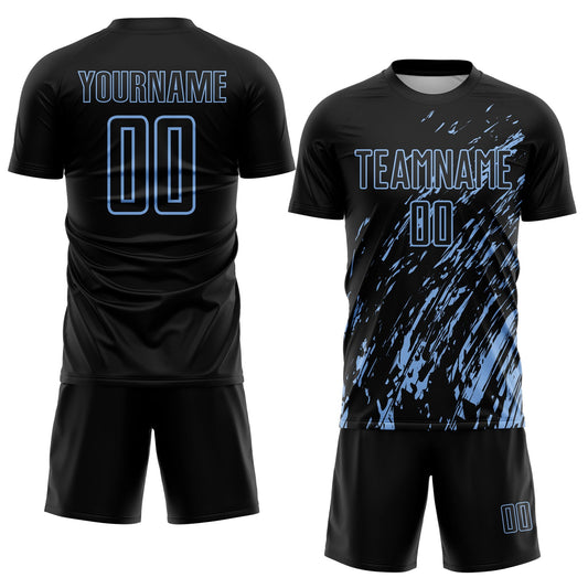 Custom Black Light Blue Splash Sublimation Soccer Uniform Jersey