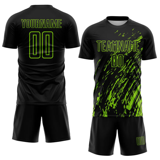 Custom Black Neon Green Splash Sublimation Soccer Uniform Jersey