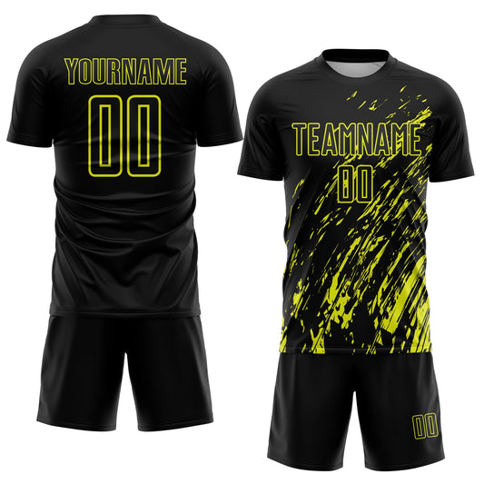 Custom Black Neon Yellow Splash Sublimation Soccer Uniform Jersey