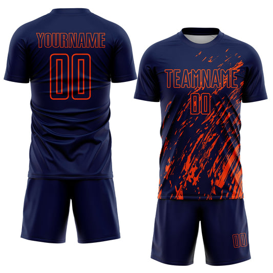 Custom Navy Orange Splash Sublimation Soccer Uniform Jersey