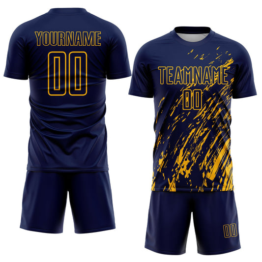 Custom Navy Gold Splash Sublimation Soccer Uniform Jersey