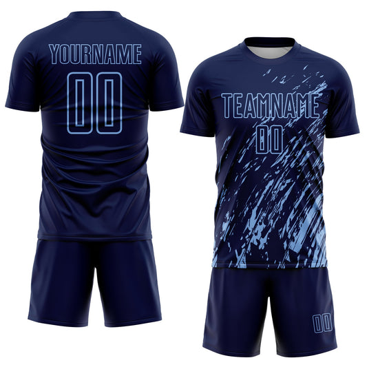 Custom Navy Light Blue Splash Sublimation Soccer Uniform Jersey