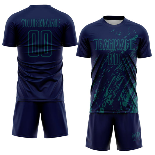Custom Navy Teal Splash Sublimation Soccer Uniform Jersey