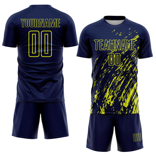 Custom Navy Neon Yellow Splash Sublimation Soccer Uniform Jersey