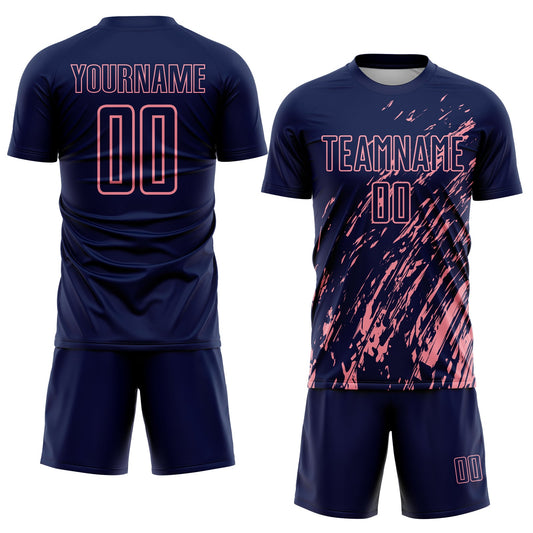 Custom Navy Medium Pink Splash Sublimation Soccer Uniform Jersey