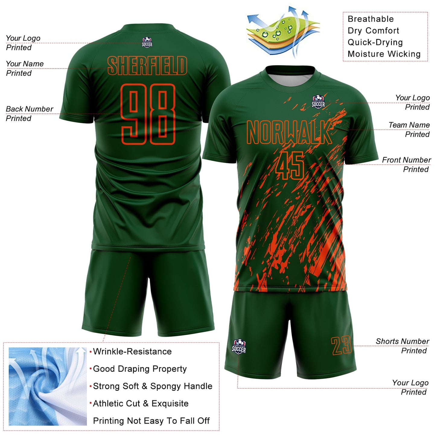 Custom Green Orange Splash Sublimation Soccer Uniform Jersey
