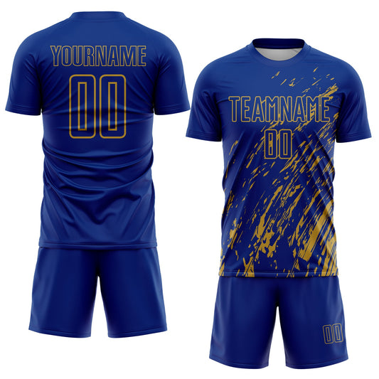 Custom Royal Old Gold Splash Sublimation Soccer Uniform Jersey