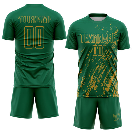 Custom Kelly Green Old Gold Splash Sublimation Soccer Uniform Jersey