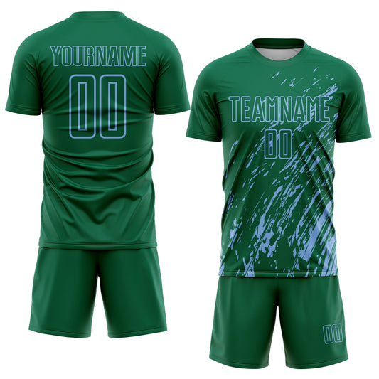 Custom Kelly Green Light Blue Splash Sublimation Soccer Uniform Jersey