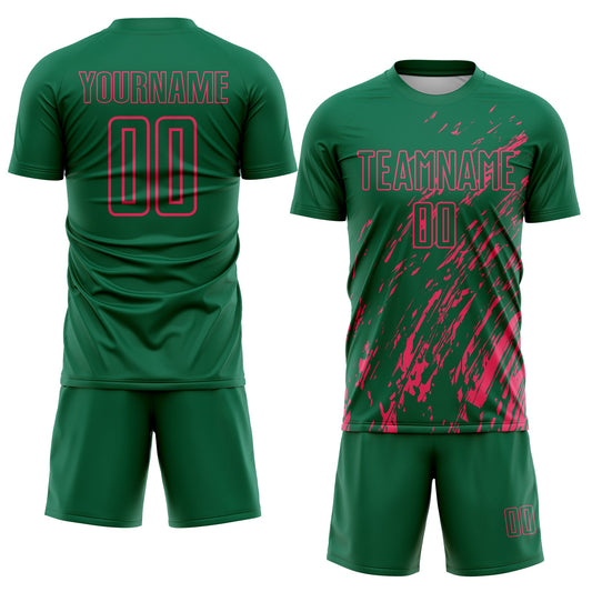 Custom Kelly Green Neon Pink Splash Sublimation Soccer Uniform Jersey