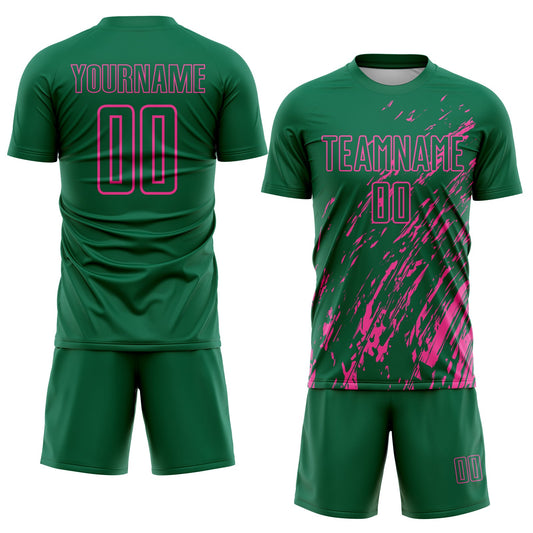 Custom Kelly Green Pink Splash Sublimation Soccer Uniform Jersey
