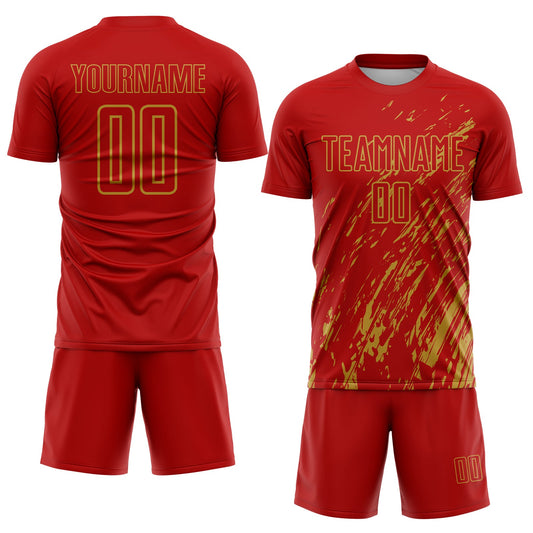 Custom Red Old Gold Splash Sublimation Soccer Uniform Jersey