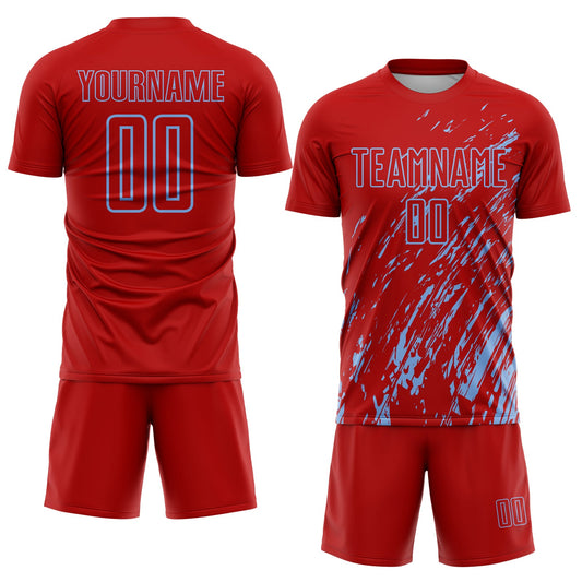 Custom Red Light Blue Splash Sublimation Soccer Uniform Jersey