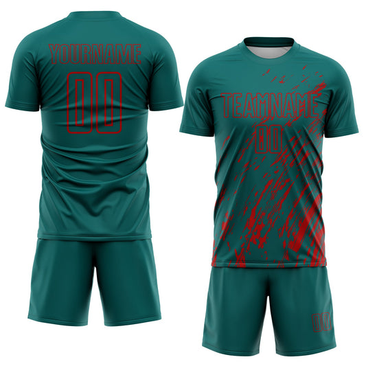 Custom Teal Red Splash Sublimation Soccer Uniform Jersey