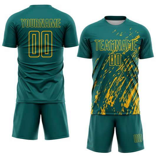 Custom Teal Gold Splash Sublimation Soccer Uniform Jersey