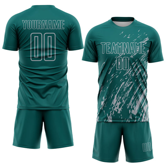 Custom Teal Gray Splash Sublimation Soccer Uniform Jersey