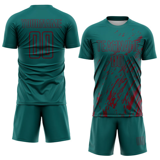 Custom Teal Crimson Splash Sublimation Soccer Uniform Jersey