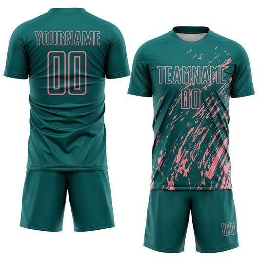 Custom Teal Medium Pink Splash Sublimation Soccer Uniform Jersey