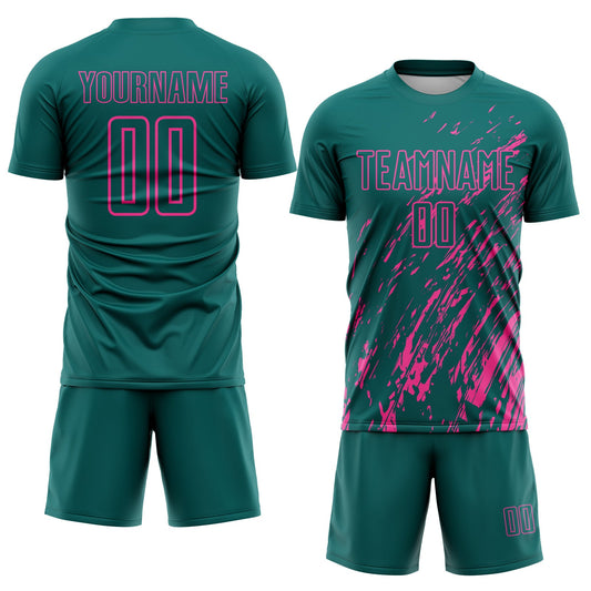 Custom Teal Pink Splash Sublimation Soccer Uniform Jersey