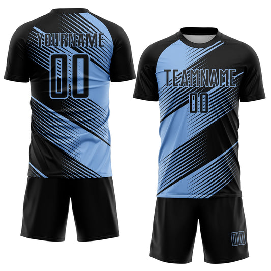 Custom Black Light Blue Line Sublimation Soccer Uniform Jersey