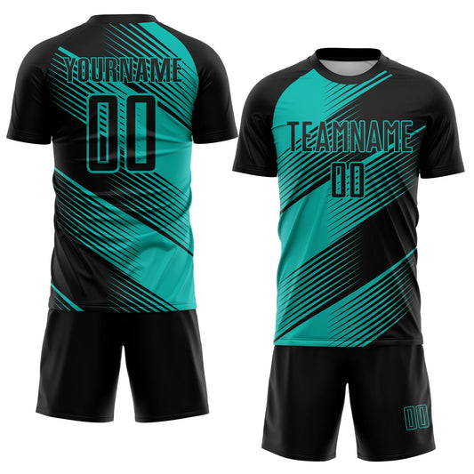 Custom Black Aqua Line Sublimation Soccer Uniform Jersey