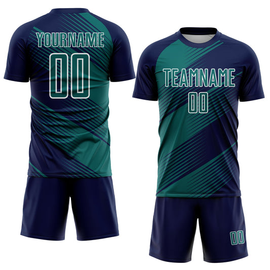 Custom Navy Teal-White Line Sublimation Soccer Uniform Jersey