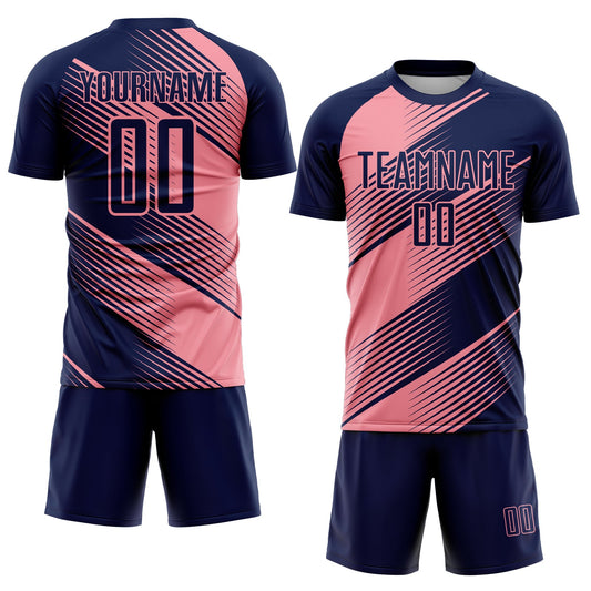 Custom Navy Medium Pink Line Sublimation Soccer Uniform Jersey