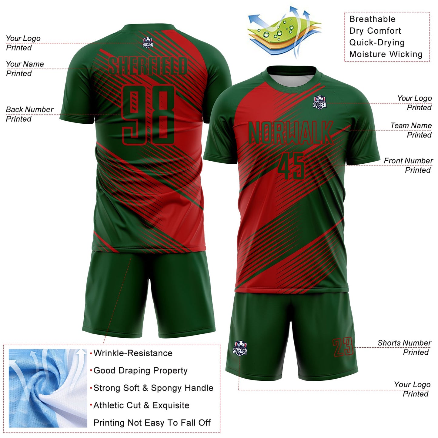 Custom Green Red Line Sublimation Soccer Uniform Jersey