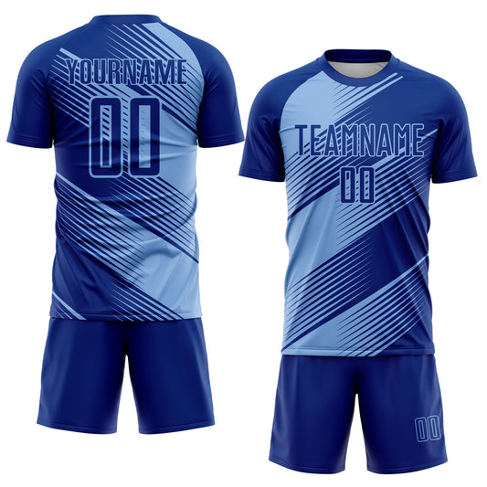 Custom Royal Light Blue Line Sublimation Soccer Uniform Jersey