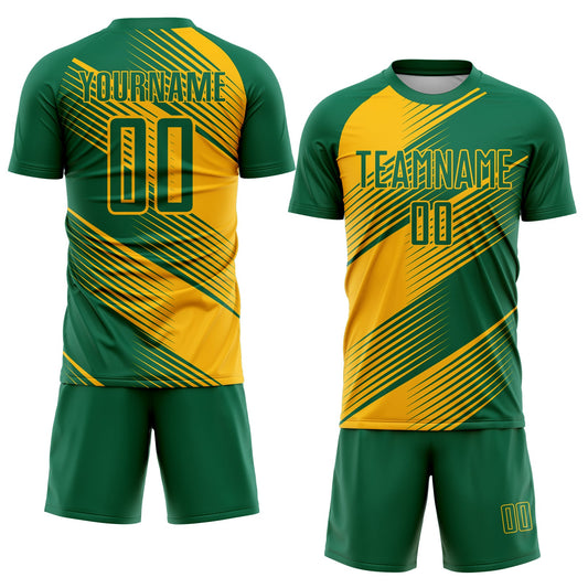 Custom Kelly Green Gold Line Sublimation Soccer Uniform Jersey