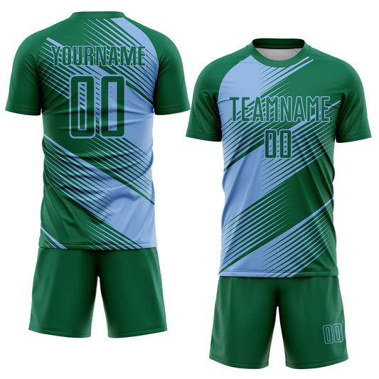 Custom Kelly Green Light Blue Line Sublimation Soccer Uniform Jersey