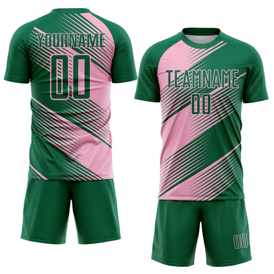 Custom Kelly Green Light Pink Line Sublimation Soccer Uniform Jersey