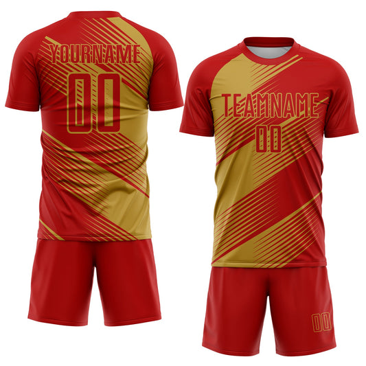 Custom Red Old Gold Line Sublimation Soccer Uniform Jersey