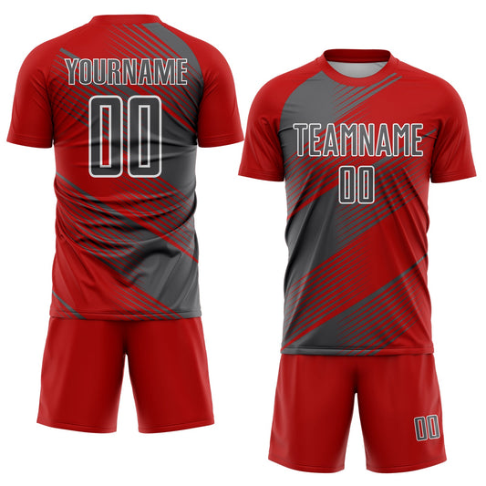 Custom Red Steel Gray-White Line Sublimation Soccer Uniform Jersey