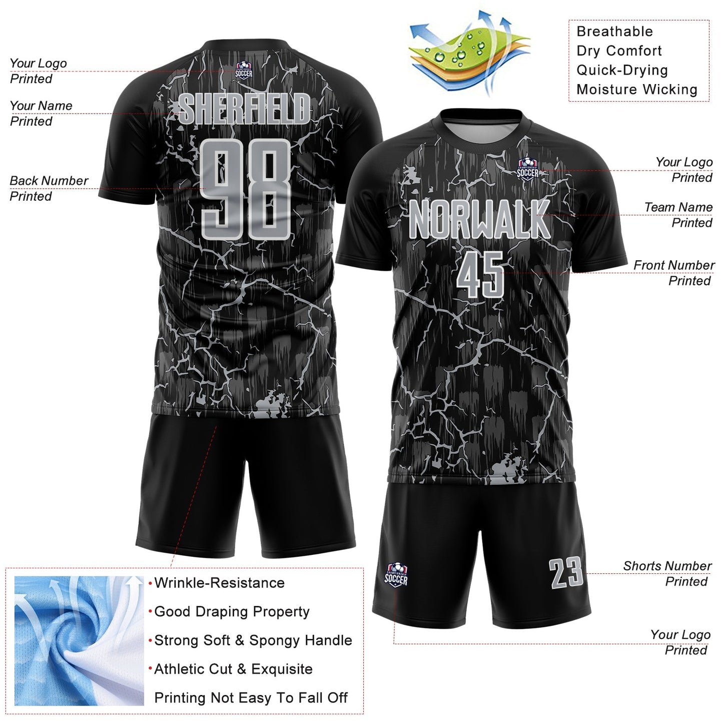 Custom Black Gray-White Lightning Sublimation Soccer Uniform Jersey