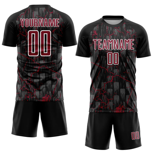Custom Black Crimson-White Lightning Sublimation Soccer Uniform Jersey