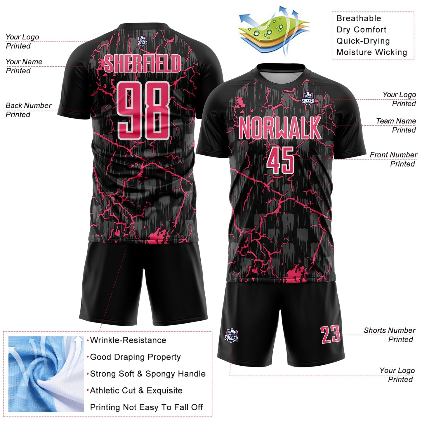 Custom Black Neon Pink-White Lightning Sublimation Soccer Uniform Jersey