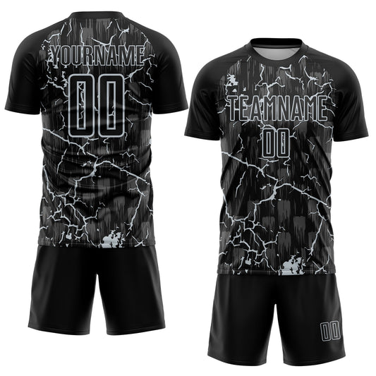 Custom Black Silver Lightning Sublimation Soccer Uniform Jersey