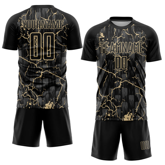 Custom Black Vegas Gold Lightning Sublimation Soccer Uniform Jersey