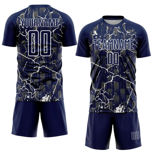 Custom Navy White Lightning Sublimation Soccer Uniform Jersey