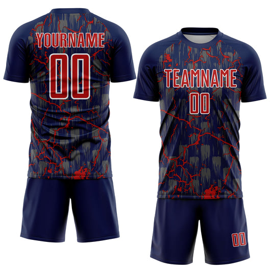 Custom Navy Red-White Lightning Sublimation Soccer Uniform Jersey