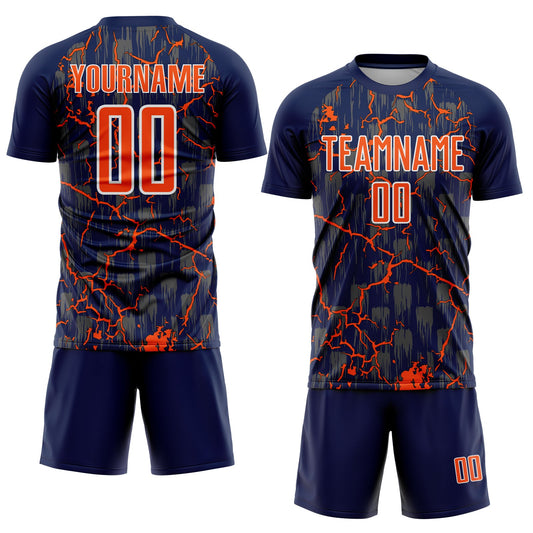 Custom Navy Orange-White Lightning Sublimation Soccer Uniform Jersey