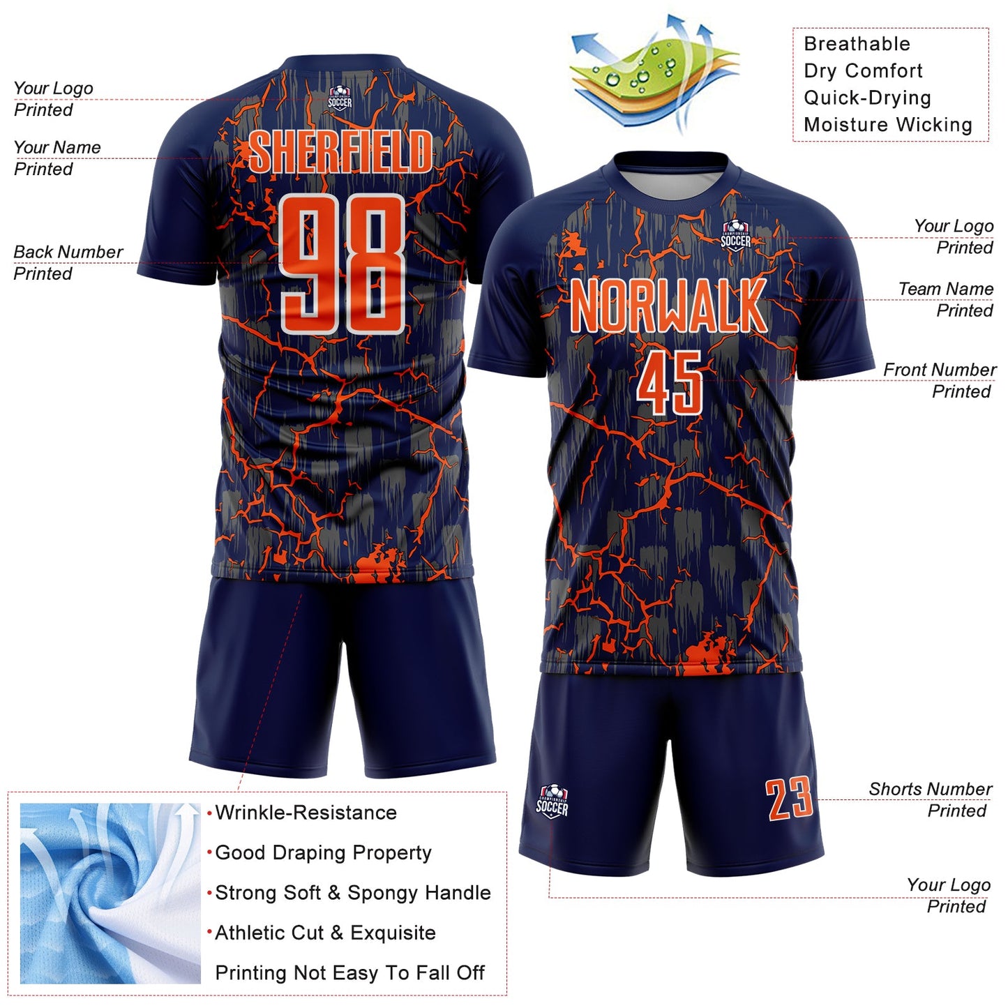 Custom Navy Orange-White Lightning Sublimation Soccer Uniform Jersey