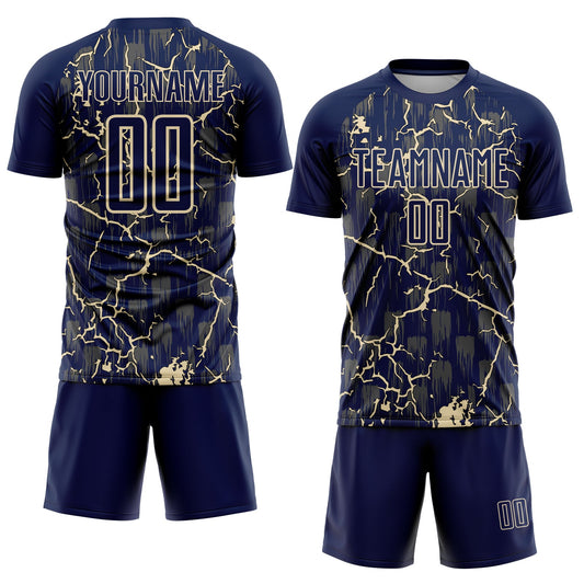 Custom Navy Cream Lightning Sublimation Soccer Uniform Jersey