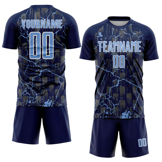 Custom Navy Light Blue-White Lightning Sublimation Soccer Uniform Jersey