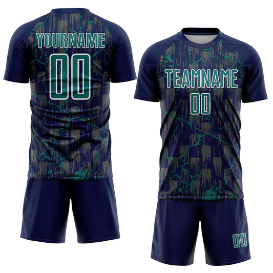 Custom Navy Teal-White Lightning Sublimation Soccer Uniform Jersey